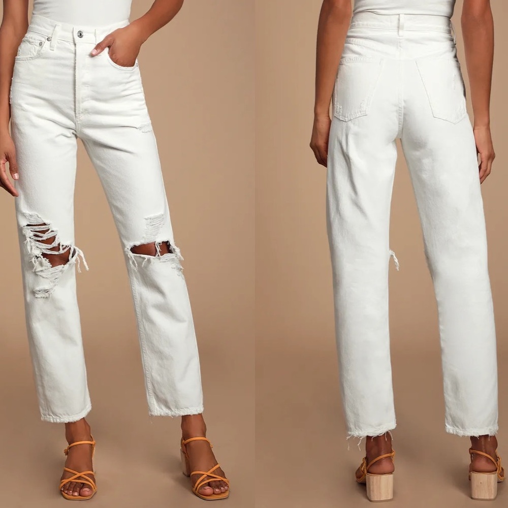 Agolde 90's Mid Rise White Loose Fit Distressed Jeans